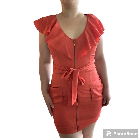 Vintage Y2K 2000s Bebe Coral Orange Ruffle Sleeve Zip-Up Mini Dress Tie Belt S/M - Picture 4 of 15